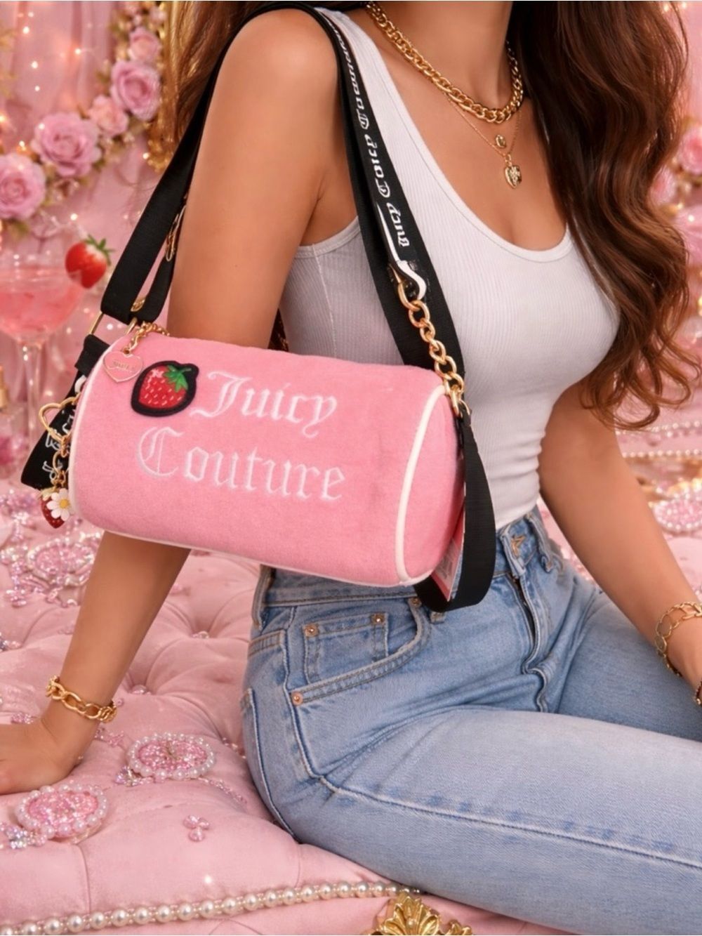 Juicy Couture Pink Strawberry Sweet n Juicy Barrel Bag w/coin pouch Crossbody